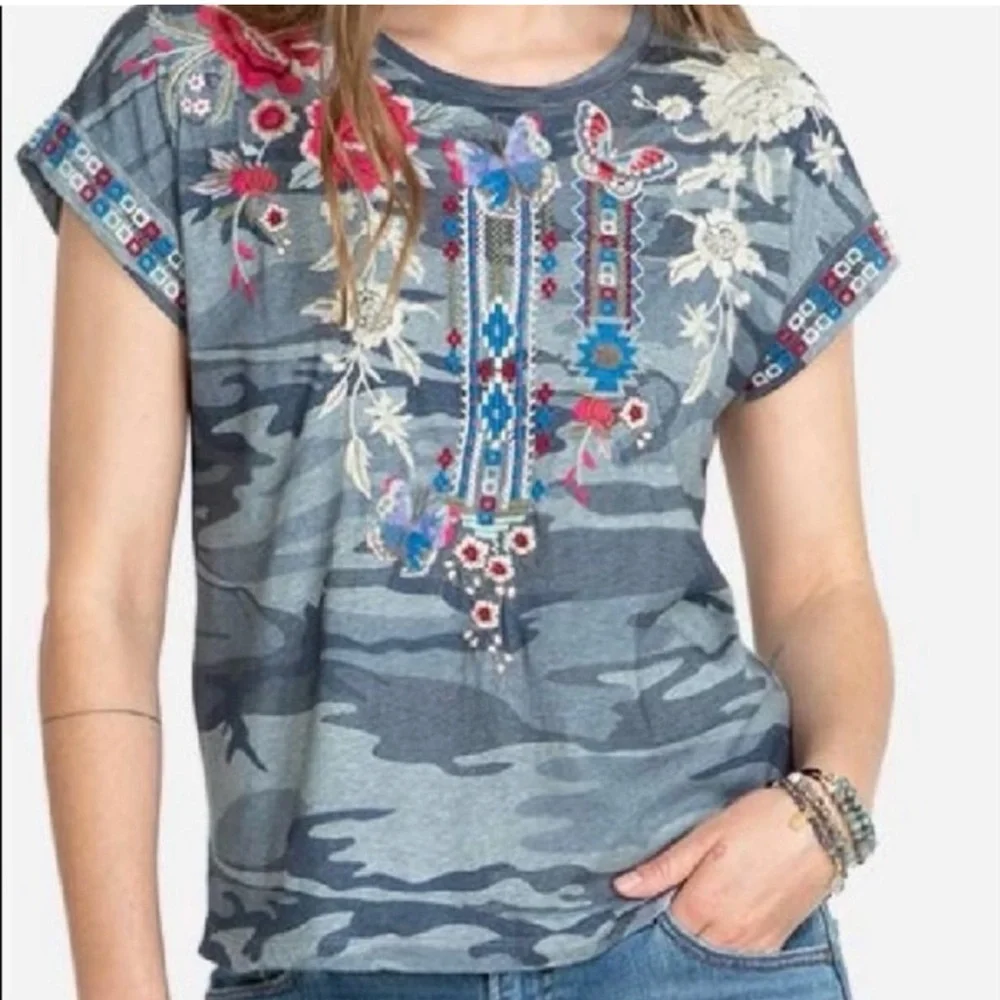 Johnny Was Floral Embroidered Camo Top Tee - Picture 2 of 11